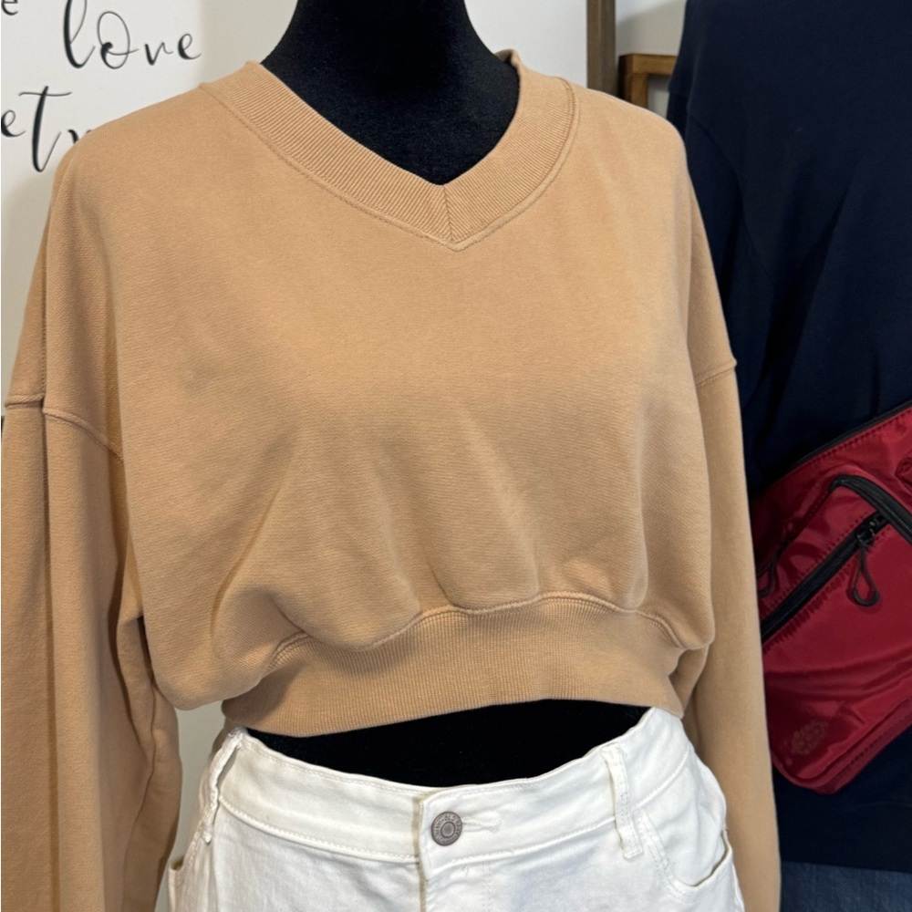 Offline by Aerie Throw Back Oversized Tan V-Neck Cropped Sweatshirt Size XS